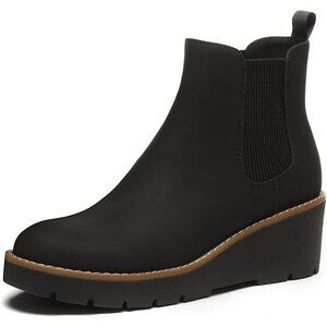 Athlefit Women Black Chelsea Wedge Platform Slip on Lug Sole Elastic Ankle Boot